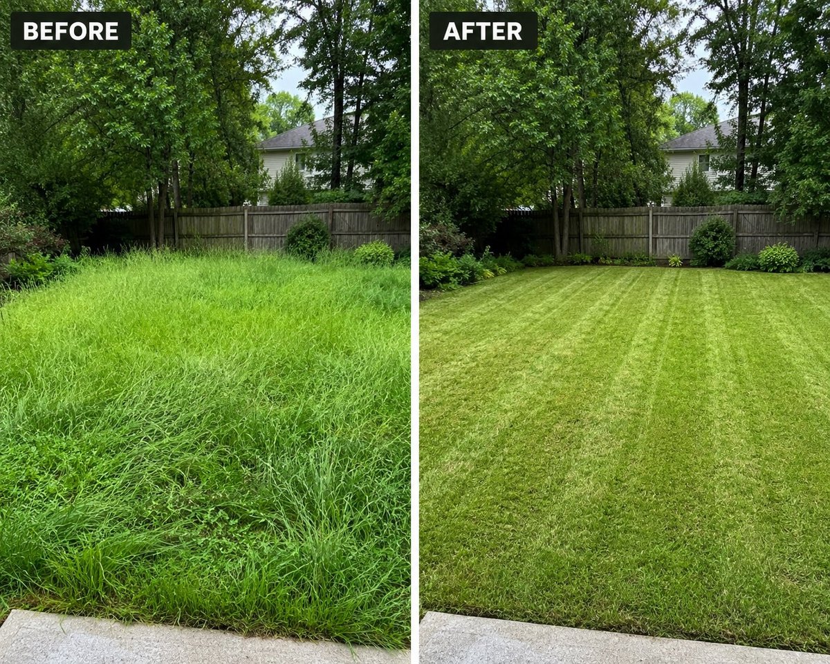 Before and after lawn care transformation showing overgrown grass converted to neatly mowed and striped green lawn